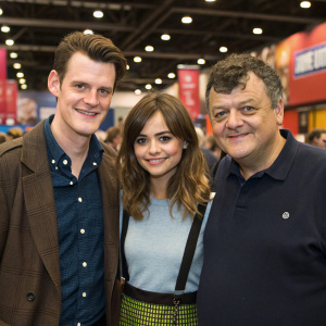 Matt Smith, Jenna Coleman, and Steven Moffat at a sci-fi convention. Wearing casual outfits, smiling for the camera.