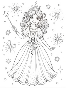 Coloring page, A princess with a magic wand, casting a spell, and surrounded by sparkles, black line art.