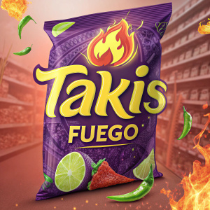 Packaging for Takis Fuego, vibrant and eye-catching. Dominant purple background, accented by fiery orange and lime green highlights. Bold yellow 'Takis' logo. Designed for immediate recognition on store shelves.