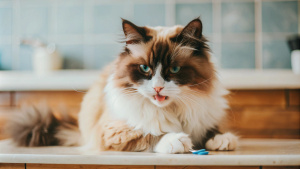 общий план, кот ragdoll чистит лапы зубной щёткой