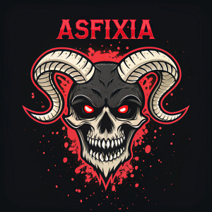 The Asfixia logo, featuring a fierce skull with sharp teeth, glowing eyes, and curved horns, set against a stark black background. The design is outlined in bold black with splashes of vivid red, creating a striking visual impact.