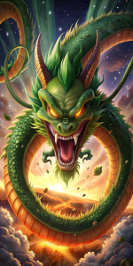 shen long, big eyes, big head, flyng, angry