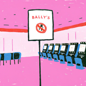 Signage announcing closure of casino area at Bally's, amidst slot machines and plush carpeting.