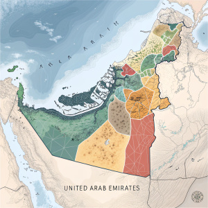 A detailed map showcasing the geographical layout of the United Arab Emirates, highlighting its borders and regions.