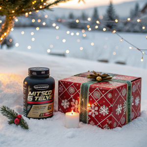 Promotional image for MuscleTech Nitro Tech Whey Protein Powder. Festive winter scene, gift box with snowflakes