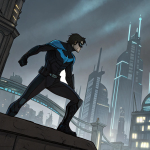 A concept art sketch featuring Nightwing from DC Comics. Futuristic cityscape backdrop. Dynamic poses, silhouette design, dark tones