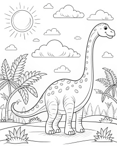 b/w vector illustration line outline of A gentle cartoon Argentinosaurus with a long neck and tail, standing in a vast plain with tall grasses, a few scattered trees, and a bright sun in the sky, black and white drawing, coloring book page, no noise, outline art, isolated on white background, coloring pages, {{{{{ white background }}}}}, only use outline, cartoon style, coloring book, clean line art, white background, no color and shading 