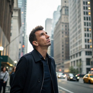 Mario Mandzukic, looking disappointed, standing on a bustling street with tall buildings in the background.