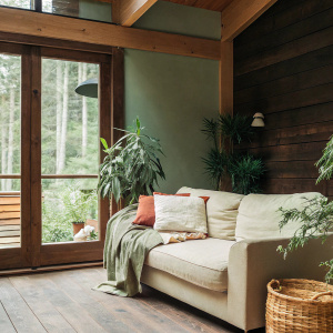 Scandinavian living room with a cozy sofa, neutral colors, natural wooden accents, and plenty of indoor plants. Minimalistic design with a touch of rustic charm, soft textures, and a peaceful vibe.