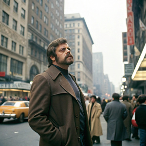 Oliver Reed starring in 'The Wandering Target'. Outdoor scene, crowded city street backdrop.