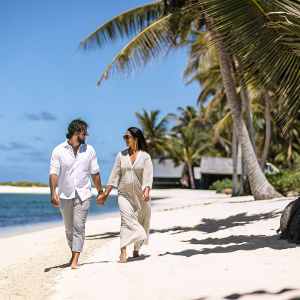 Matthew McConaughey and Camila Alves, couple, strolling on a sunny beach. Tropical palm trees and crystal clear blue water in background.