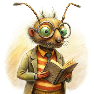 a very wise old ant dressed like an african, wearing glasses, holding a history book in the style of 'fantastic mr fox' cartoon, full shot