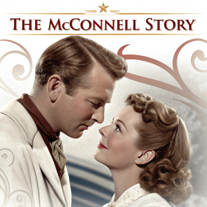 Classic Hollywood movie poster for 'The McConnell Story'. Close-up of Alan Ladd and June Allyson sharing an intimate moment. Warm color palette featuring shades of white and brown. Stylish, blurred background