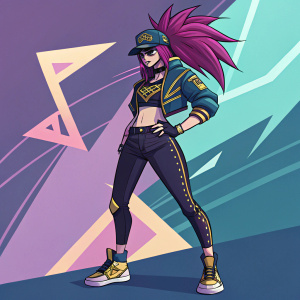 Digital illustration of Akali KDA. Characterized by edgy punk aesthetic, bold hues, and powerful stance. Abstract geometric shapes and dynamic color palette form the backdrop.