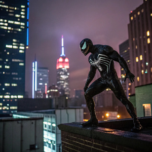 Eddie Brock, transformed into Venom, standing on a dark urban rooftop. Neon city lights illuminate the background.