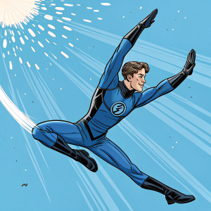 Reed Richards, aka Mr. Fantastic, stretching and bending in mid-air. Bright and vivid colors, blue hues dominate. Comic book panel style.