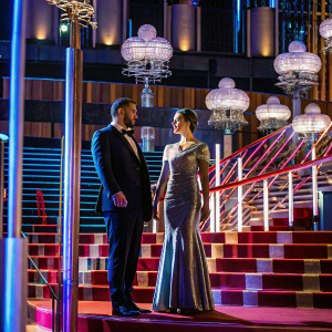 Tom Hardy and Charlotte Riley attending a high-profile gala. Tom in sleek navy suit. Charlotte in exquisite silver gown. Grand ballroom with chandeliers, backdrop features sparkling awards.