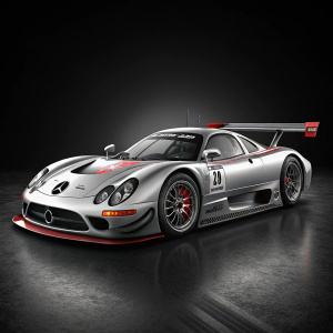 Illustration of a sleek Mercedes CLK GTR race car, silver with black and red accents, on a matte black background, soft lighting