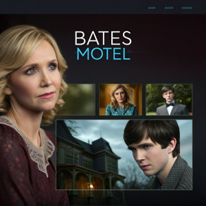 Homepage of 'Bates Motel' promotional site. Features dark background, blonde actress Vera Farmiga, and young actor Freddie Highmore. Grid layout showcases various movie scenes.