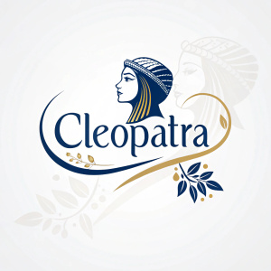 Minimalist logo design featuring the name 'Cleopatra' in sleek, modern font. Navy blue and gold color scheme, elegant and timeless.