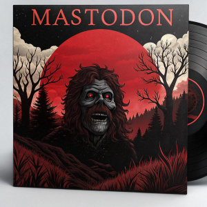 Album artwork for Mastodon. Dark and moody scene with bold red and black hues. Features a menacing face design and song titles in sleek font. Appears like heavy metal album cover.