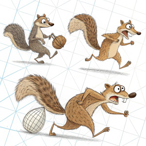 Scrat, the saber-toothed squirrel from Ice Age, depicted in a series of dynamic sketches. Each drawing showcases Scrat in various actions, such as digging and running. The background is a geometric grid, enhancing the movement and liveliness of the scenes.