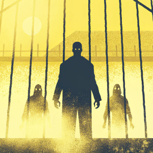 Promotional image for Universal Studios Singapore's Halloween Horror Nights. Dark, eerie atmosphere with multiple horror-themed characters. Main figure has an unsettling appearance. Overall dark color scheme.