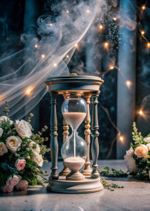 inside a hourglass, dremmy, plasma fog, magical book, vivid colors, plasma flower backdrop for a photo studio wedding with roman marble columns on one side and on the other with a curtain arrangement, magical candles, magic spells, fairy lights,  galaxy on background, cinematic, dynamic light,studio lighting, Miki Asai Macro photography, close-up, hyper detailed,