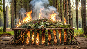 una pira funeraria grande con forma rectangular, hecha con ramas y hojas secas. escena panoramica. la escena recoge el momento triste al hacer la pira funeraria para el ser querido fallecido. es una pira funeraria bonita hecha con amor con materiales del bosque. fondo neutro