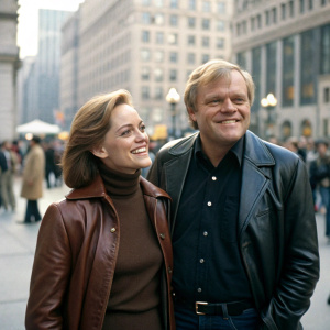 Brian Dennehy and Jennifer Arnott, both standing in a bustling city square. Brian in a dark shirt and leather jacket, Jennifer in a turtleneck and brown leather jacket. They are looking at something amusing, drawing smiles from passersby.