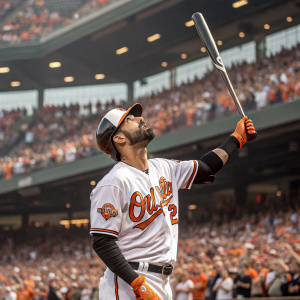 Nick Markakis in the heat of a baseball game. Wearing white jersey with orange trim and number 21. Massive crowd cheering in the background.