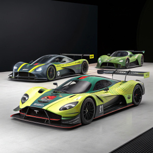 Digital rendering showcasing multiple Aston Martin Valkyrie AMR Pro Livery variations. Sleek design, vibrant hues, and intricate patterns against minimalist, black backdrop.