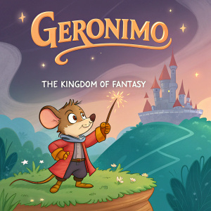 Cartoon illustration of a mouse named Geronimo Stilton, holding a magic wand, standing on a mystical island. Vibrant colors, castle in background, book title 'The Kingdom of Fantasy' in playful font