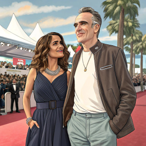 Salma Hayek and Daniel Day-Lewis at Cannes Film Festival. Casual attire. Crowd visible in background