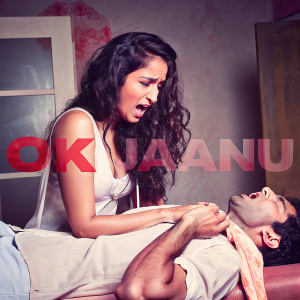 Aditya Roy Kapur and Shraddha Kapoor in a dramatic scene from 'OK Jaanu'. Dark and moody background with bold, vibrant text in Hindi and English.