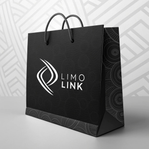 Contemporary packaging design for Limo Link. Bold, black box with white logo. Sleek handle and modern font.