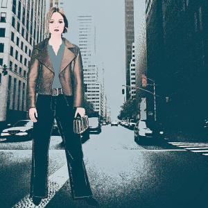 Bella Heathcote, in a stylish brown leather jacket and dark jeans. On a busy city street with tall buildings and passing cars in the background.