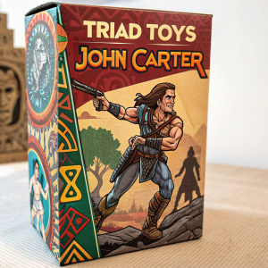 Detailed packaging design for Triad Toys' John Carter action figure. Photo showcasing the colorful and intricate box art.