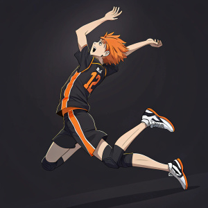 Illustration of a young athlete named Hinata Shoyo mid-jump. Orange hair, black and orange volleyball attire. Dark background with animated details. Inspired by 'Haikyuu!!', highlights action and dynamism.