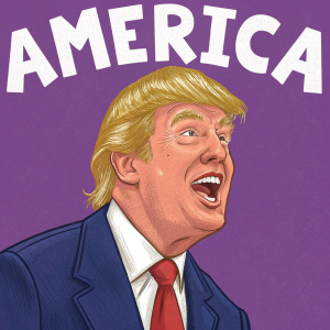 Donald Trump's caricature, playful and exaggerated features. Vibrant colors, solid purple background, bold white text 'America' prominently displayed.