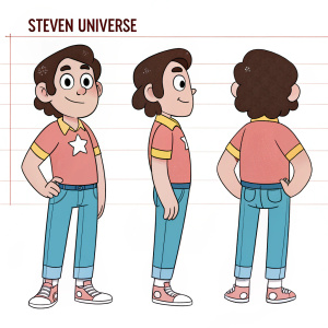 Steven Universe character design sheet. Cartoon-style illustration of front, side, and back views labeled with specific body parts. Long legs, dorsal surface, and other details highlighted.