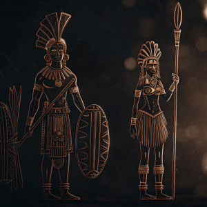 Kinzha, a character inspired by pre-Columbian culture, stands majestic against a black and white gradient backdrop. Wearing traditional Muisca attire, adorned with gold ornaments and feather headdresses. In one illustration, she holds a ceremonial staff and wears a woven skirt, while in another, she is depicted in a warrior stance with a quiver of arrows and a shield, embodying the strength and wisdom of the U'wa society.