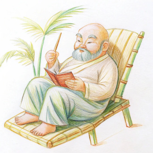 A fat old Chinese man with a bald head and a beard sat on a bamboo lounge chair, holding a book in his left hand and a brush in his right hand.
