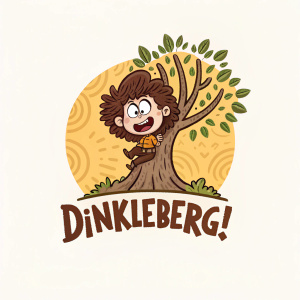 Cartoony logo featuring a character's head with bushy brown hair sitting atop a tree-like structure. The name 'Dinkleberg!' is written below in bold brown letters. The overall design is simplistic yet eye-catching, with a warm, inviting vibe.