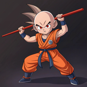 Goku, from Dragon Ball Z, hairless, red eyes, wearing iconic orange gi. Dark background, action pose