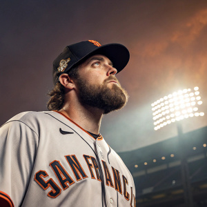 Tristan Beck, bearded athlete, poses at the stadium. Wearing San Francisco Giants jersey and cap. Intense look, dramatic lighting, gradient background