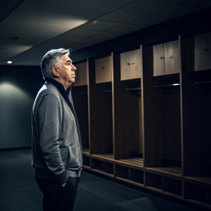 Carlo Ancelotti standing in an empty, dimly lit locker room after a match. His expression shows deep thought. He is dressed in casual wear.