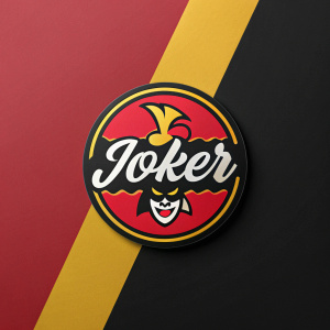 A modern and sleek Joker brand logo in English script. The design features vibrant colors of red, black, and yellow.