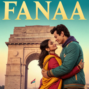 Movie poster for 'Fanaa'. Vibrant color scheme with a large arch in the background. Two main characters with a warm embrace. Title and tagline in bold, eye-catching font.