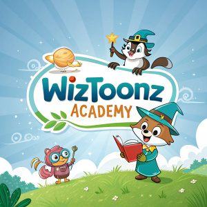 Creative branding for Wiztoonz Academy. Bright and whimsical logo designs. Main colors are blue, green, and brown. Featured mascot characters